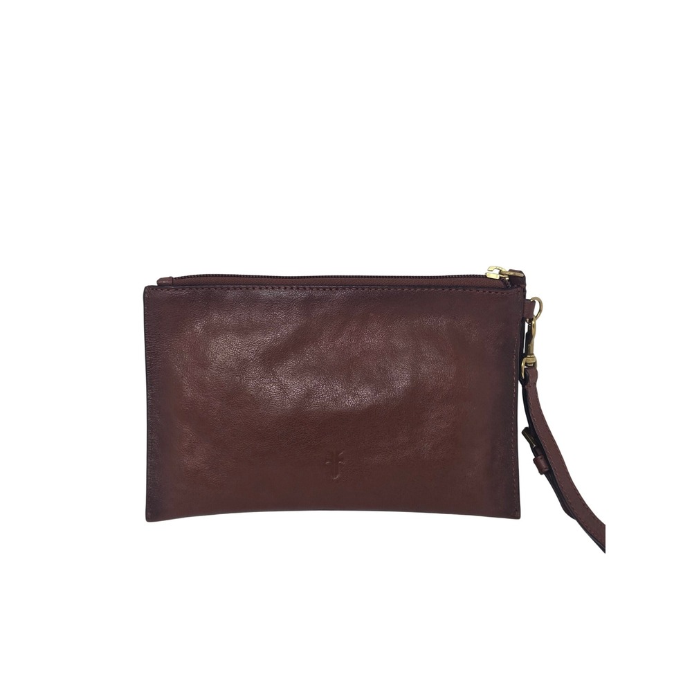 Frye Melissa Leather Wristlet Clutch Dark Brown Cognac Zip Pouch Card Slots